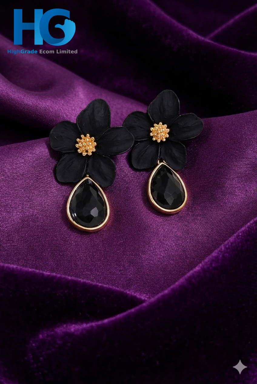 Black Floral Crystal Drops