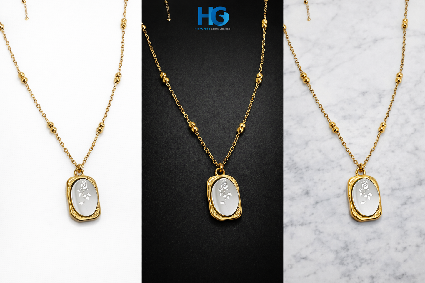 Golden Bead Chain Rose Pendant