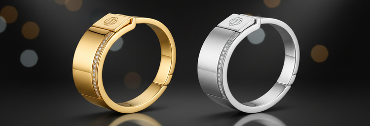 Gold and silver cuffs with 'Luxury Cuffs' text on a dark background